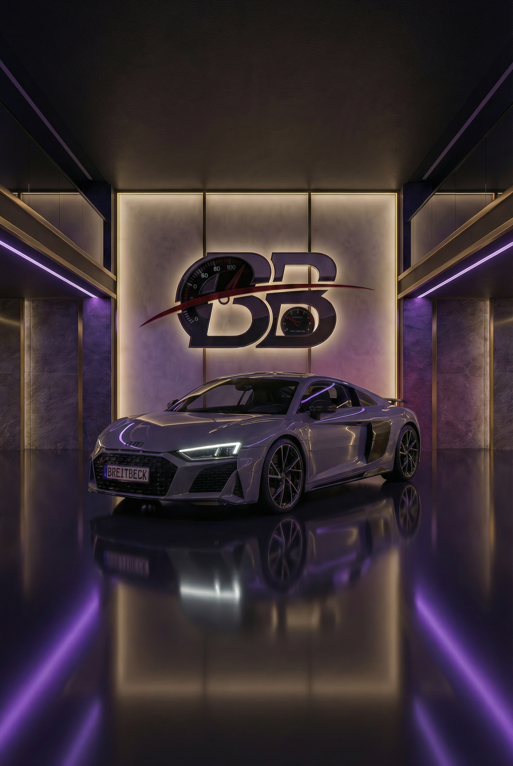 Audi R8 V10 Performance im BREITBECK Showroom mit beleuchtetem BB-Logo